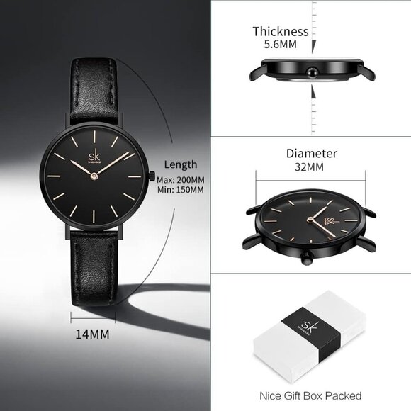 Fashionable Two-Hand Ultra Thin Watch - Smart Black Leather Strap for Women - Picture 6 of 7